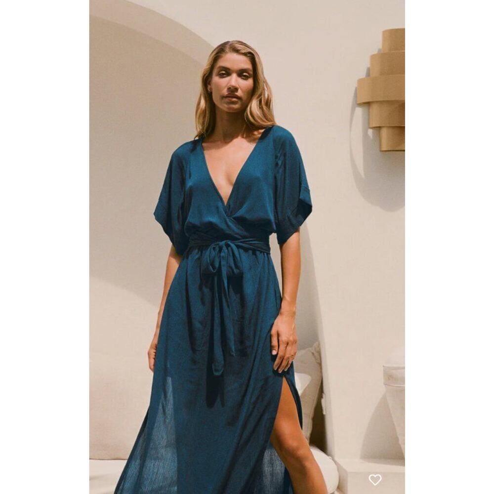 Deep Teal Maxi Wrap Dress with Waist Tie
